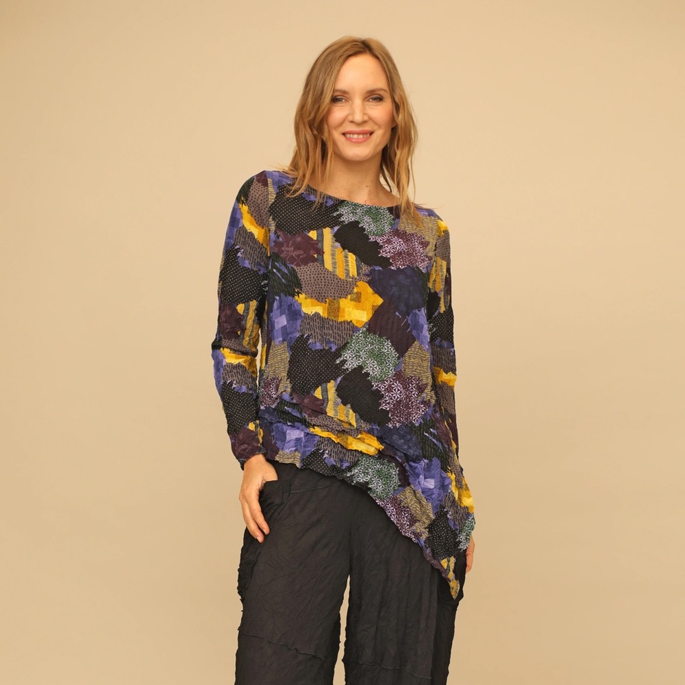 Chalet Et Ceci Asymmetrical Multicolor Long Sleeve Top - Yellow & Purple Print